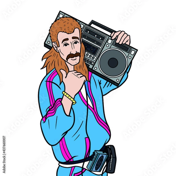 Obraz casual man with mullet and training jacket holds boombox on his shoulder. upper body, 80s, isolated.