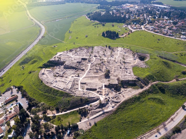 Fototapeta Megiddo national park in Israel. Archeological site of biblical Tel Megiddo also known as Armageddon the end of the world.