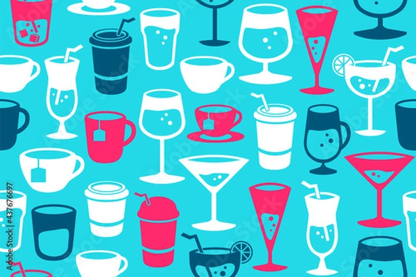 Fototapeta Various DRINKS seamless pattern. Repetitive vector illustration of various drinks silhouettes. Bar pub design deco. Coffee, tea and various alcohol drinks. Cafe, kitchen textile wallpaper. 