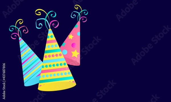 Obraz three party caps on a dark background with space to insert your text. holiday hats in pink, yellow and blue with various patterns for cards, banners and posters. vector illustration
