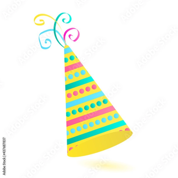 Obraz holiday hat in yellow color with a pattern of stripes and circles for a party, decoration. vector illustration close-up on white background