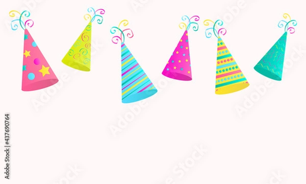 Obraz multicolored festive caps on a light background with an empty place to insert text or images. Party Happy Holidays Hats for Cover, Background or Wallpaper