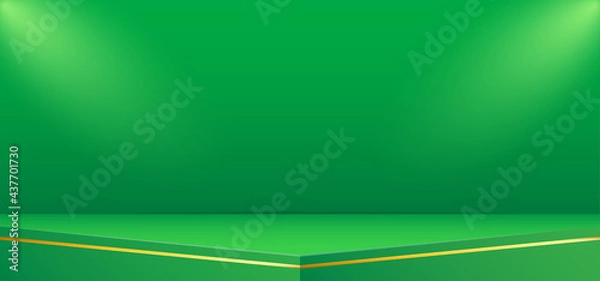Fototapeta Vector illustration of green stage background with golden line ornament and lightning