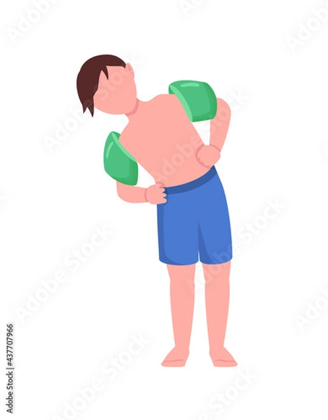 Fototapeta Boy with arm floaties semi flat color vector character. Kid figure. Full body person on white. Water exercise isolated modern cartoon style illustration for graphic design and animation