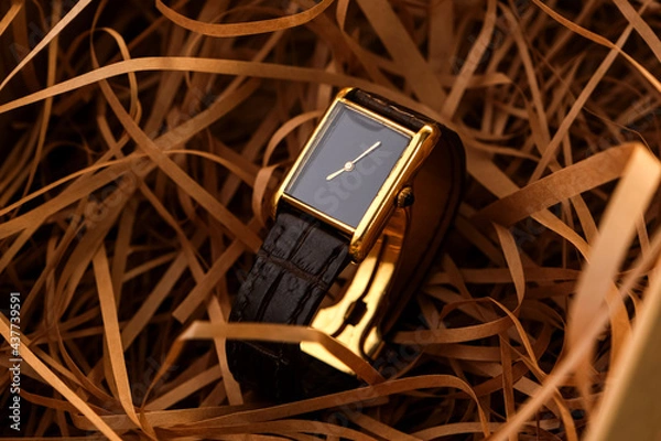 Fototapeta Conceptual photography luxury watch. Gold and black watch inside box of straw.