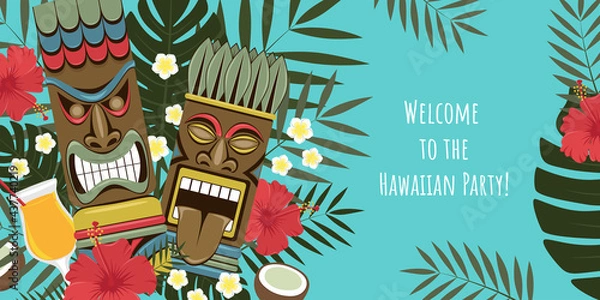 Obraz Hawaiian tiki statues banner. Party invitation. Template for banner, flyer, invitation.