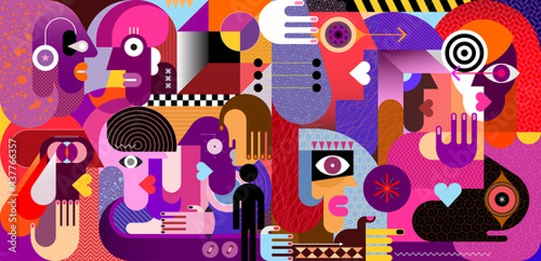 Fototapeta Modern abstract art vector illustration with ten different persons. Large group of people. Gloomy colors artwork.