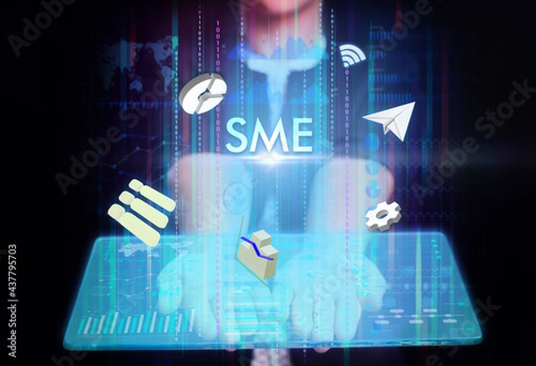 Fototapeta Business, Technology, Internet and network concept. Young businessman working on a virtual screen of the future and sees the inscription: SME