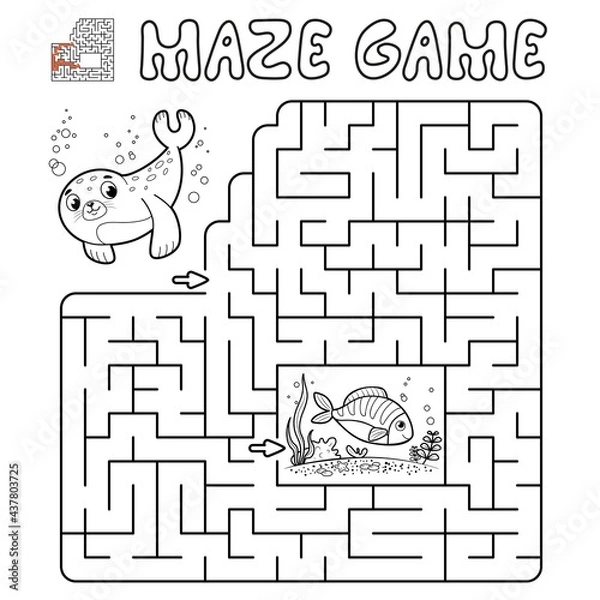 Obraz Maze puzzle game for children. Outline maze or labyrinth game with seal.