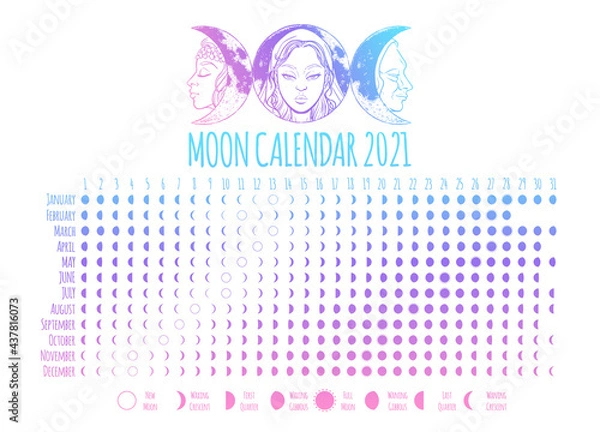 Fototapeta Moon calendar, 2021 year, lunar phases, cycles. Design illustrated with Triple Goddess symbol: Maiden, Mother and Crone. Vector illustration