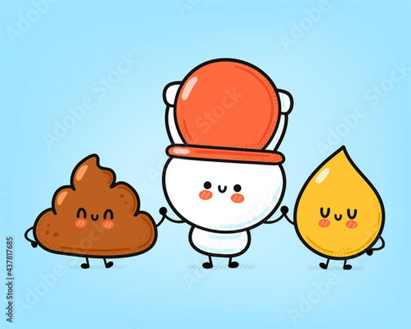 Fototapeta Cute funny happy white toilet bowl,poop and urine drop. Vector hand drawn cartoon kawaii character illustration icon. Funny cartoon WC, toilet bowl mascot character concept