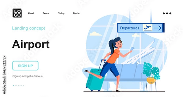 Fototapeta Airport web concept. Woman with luggage hurries to boarding at departure gate, flights and travel. Template of people scenes. Vector illustration with character activities in flat design for website
