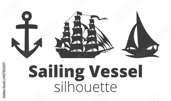 Fototapeta Sailing vessel silhouette icon in black. Anchor emblem. Sailing ship types on white background. Vector print illustration