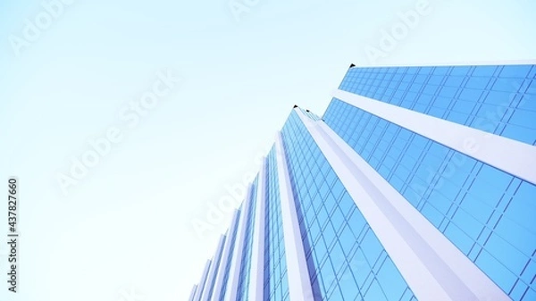 Fototapeta Abstract architectural background of building made of glass and concrete - 3d render. Futuristic modern architecture of glass facade of skyscrapers,urban environment. Industrial Design, office center.
