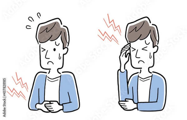 Obraz ベクターイラスト素材：体調不良の若い男性、腹痛、頭痛
