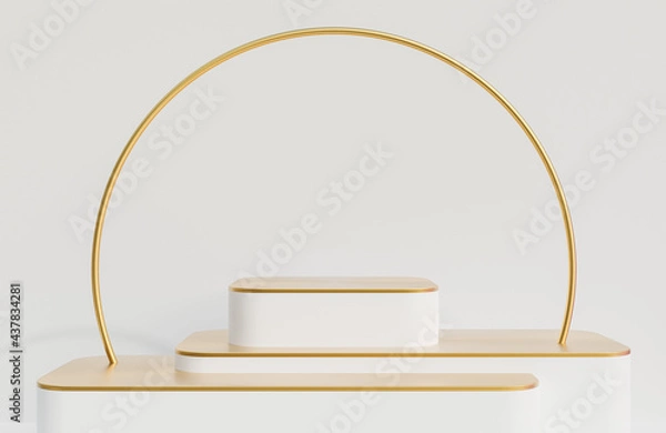 Obraz White and Gold podium for product presentation on white wall background luxury style.,3d model and illustration.