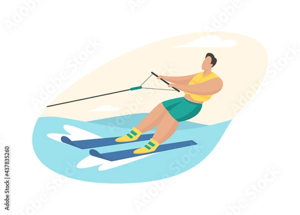Obraz Water skiing attraction. Man in life jacket rushes over waves skis holding cable of boat. Extreme fun with fitness activities. Holidays in ocean tropics and sea. Vector flat illustration isolated