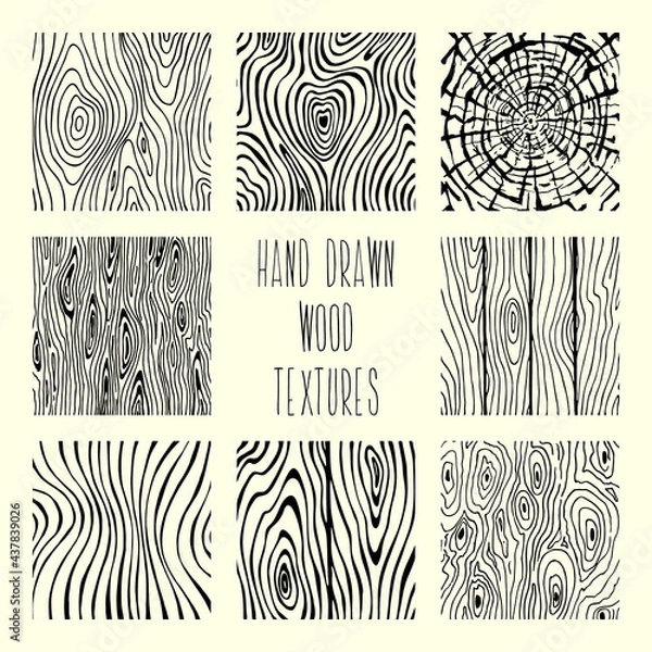 Fototapeta Vector set isolated patterns. Wood background. Hand drawn wooden texture. Wood plank sketch drawing surface pattern. 