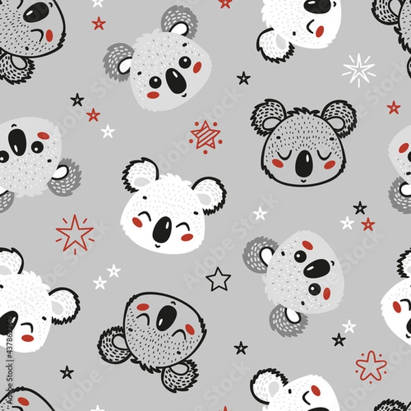 Fototapeta Cute Koala Bears and Stars Seamless Pattern. Childish Background. Vector Baby Animals Drawing for Tee Print for Kids