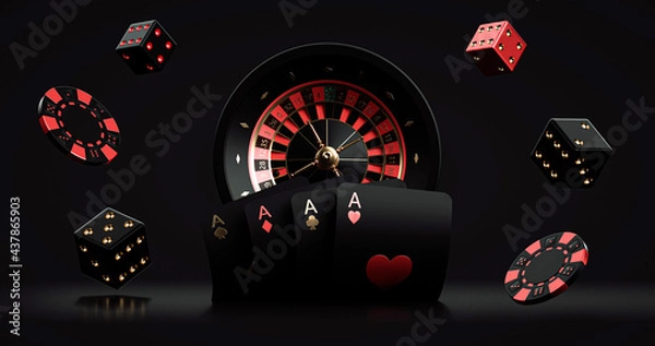 Fototapeta Black Red And Golden Roulette Wheel With Playing Cards, Chips And Dices, Isolated On The Black Background. Casino Modern Concept - 3D Illustration 