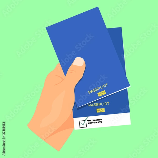 Fototapeta A man holding in his hand two passports with a vaccination certificate. Vaccination stamp in the passport. Flat style. Vector