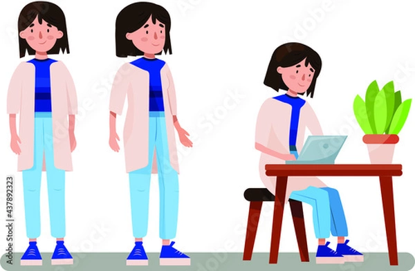 Fototapeta three poses of a girl working behind a laptop from home, stands straight and stands sideways