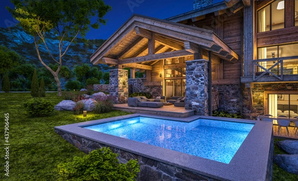 Fototapeta 3d rendering of modern cozy chalet with pool and parking for sale or rent.  Massive timber beams columns. Beautiful forest mountains on background. Clear summer night with many stars on the sky.