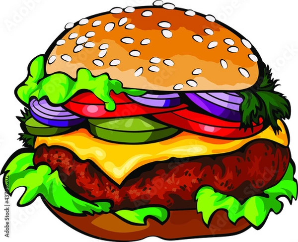 Fototapeta Cartoon tasty big hamburger with cheese and sesame seeds isolated on white background. Vector sticker icon.