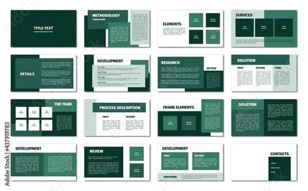 Obraz Green rectangles presentation template. Flat design, 16 slides. Title, detail, development, element, process description, methodology, service, team, solution.
