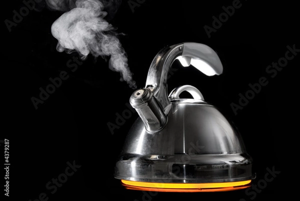 Obraz Tea kettle with boiling water on black background
