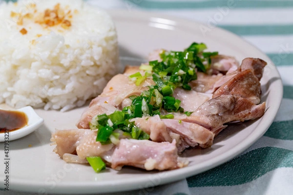 Obraz Handmade Hainanese chicken rice.Steam chicken with rice.