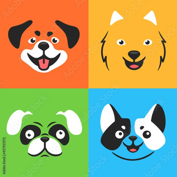 Fototapeta Vector illustration collection face of dogs for cut file print on T-shirt or on Cup. Doodle cartoon in pop art style.