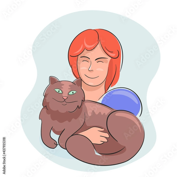 Fototapeta Girl hug domestic cat. Woman hugging brown kitten with love, friendship of man and pet, handwritten flat sketch isolated on white background, vector illustration