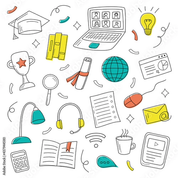 Fototapeta Colorful set of graduation items in hand drawn style. Vector illustration in doodle style with cute elements. Graduation online concept. Perfect for university poster, flyer, app, or website