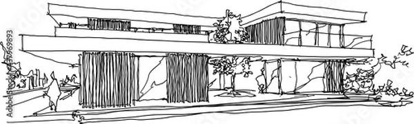 Fototapeta hand drawn architectural sketches of modern two story detached house with flat roof and people around