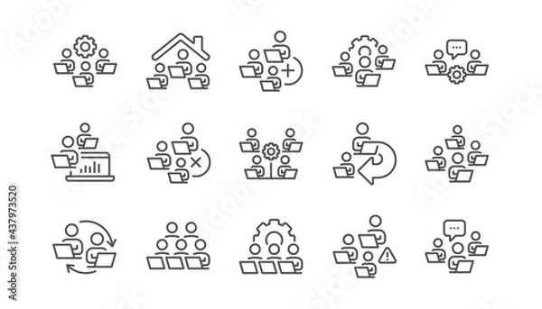 Fototapeta Teamwork line icons. Remote office, Working at home, Online Team worker. Growth chart, Online home job line icons. Remote team work, people study, programmers. Linear set. Quality line set. Vector
