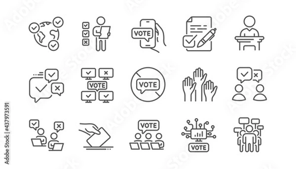Fototapeta Voting line icons. Public Election, Vote Ballot Paper icons. Candidate, Politics voting and People vote. Government election, Raised hands, Document checklist. Online poll result. Linear set. Vector