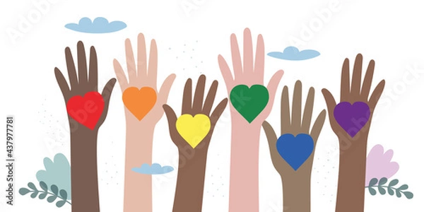 Fototapeta Vector illustration of LGBT community. Hands of different colors with rainbow hearts. Crowd of people with symbols at a gay parade. Design for poster, flyer, postcard, banner, web