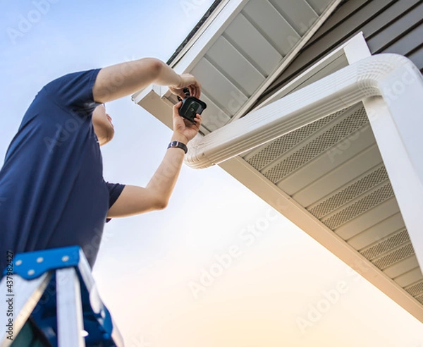 Fototapeta Technician on ladder installing and adjusting wireless security video camera underneath a roof for private house, monitor and recorder. Set up outdoor surveillance system. Safety and privacy concept.