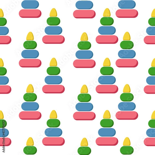 Fototapeta Children's toy pyramid seamless pattern, a bright game from multi-colored parts on a white background