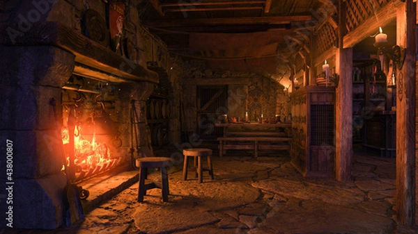 Fototapeta 3D rendering of a medieval tavern interior lit by candlelight and burning fire.