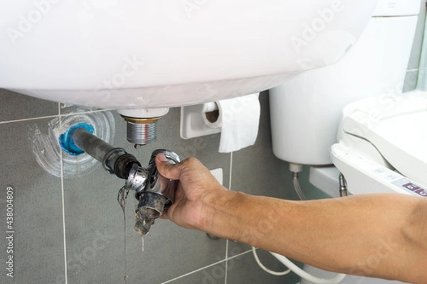 Fototapeta Hand of Plumber holding joints and connections of Basin or sink in a bathroom, Clearing a Clogged Bathroom Sink in a bathroom for unclog a Sink.	