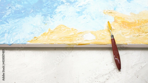 Fototapeta Ocean acrylic painting with palette knife on canvas with blue and turquoise. Golden sand on beach with trowel texture technic. Water splash art hand paint.  Summer and seascape feeling and tone.