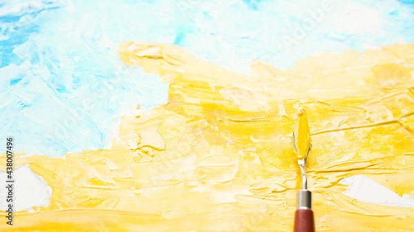 Fototapeta Ocean acrylic painting with palette knife on canvas with blue and turquoise.. Golden sand on beach with trowel texture technic. Water splash art hand paint.  Summer and seascape feeling and tone.