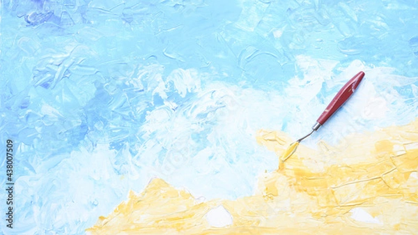 Fototapeta Ocean acrylic painting with palette knife on canvas with blue and turquoise. Golden sand on beach with trowel texture technic. Water splash art hand paint.  Summer .