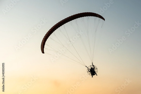 Fototapeta Silhouette of a man flying free on a paraglider at sunset, on a golden clear sky with copy space