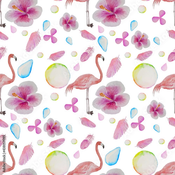 Fototapeta flamingo feathers soap bubbles pattern watercolor hand drawn