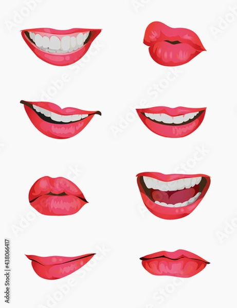 Fototapeta Set mouth emotions animation. Lip sync animated phonemes for woman character sign. Mouths with red lips speaking animations in english language text for education shape isolated symbol vector set