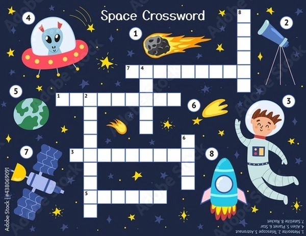 Fototapeta Crossword for kids with cute space characters. Word search puzzle. Educational game with astronaut, alien, rocket, meteorite, telescope, satellite, planet and star. Vector illustration