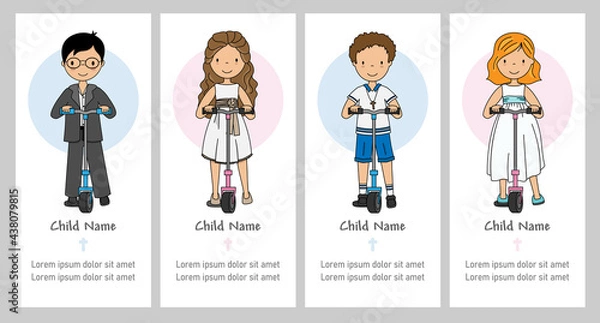 Obraz set card of my first communion of girl and boy. Skateboard kids